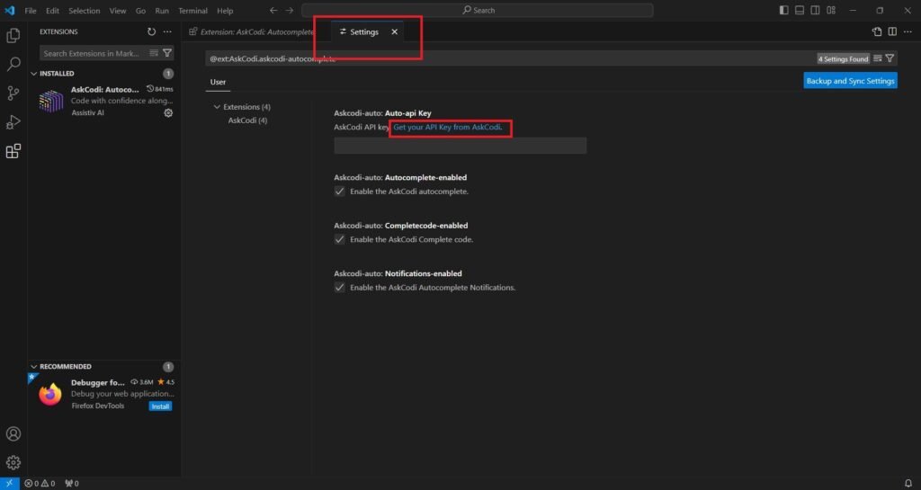 Settings in new tab as shown. Press Get your API Key from AskCodi