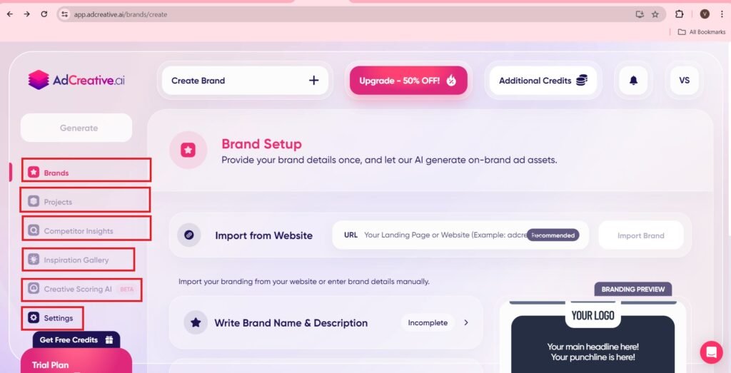 Brands, Projects, Competitor Insights, Inspirational Gallery, Creative scoring AI, Settings
