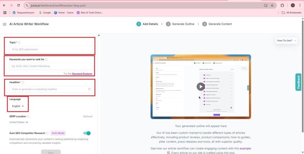 AI article writer section