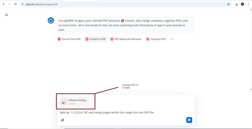 Uploaded PDF for split and merge