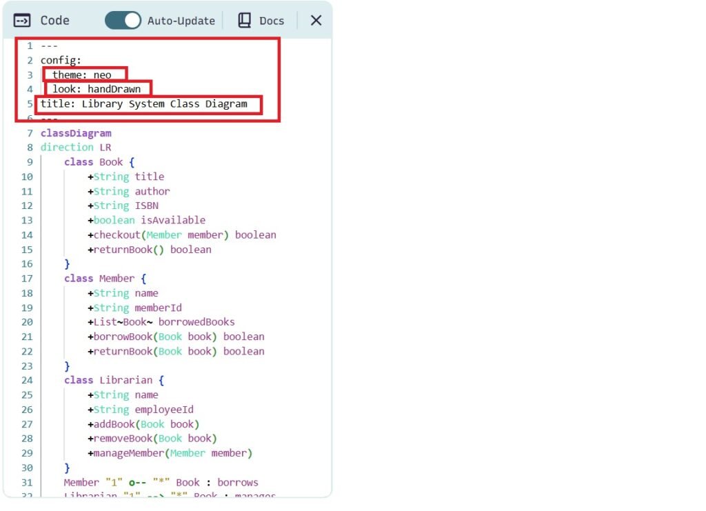 Edited code of class diagram