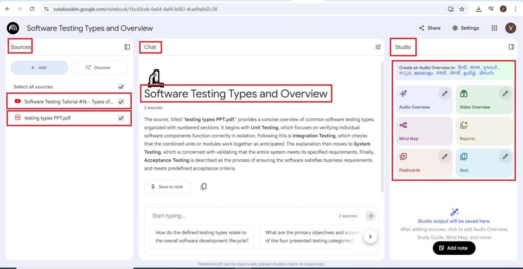 Studio, chat, sources
