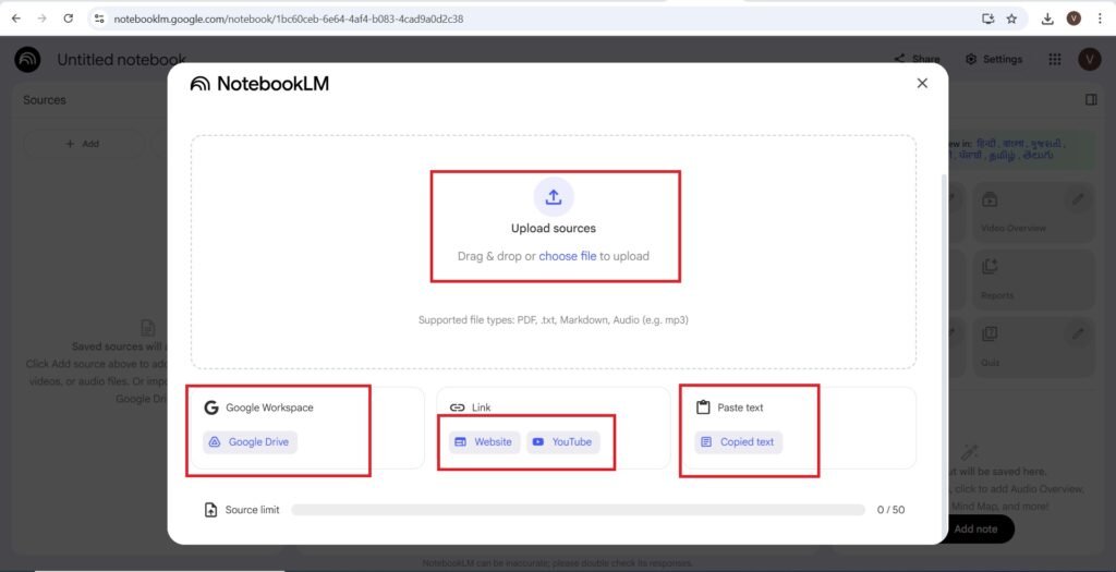 Upload sources, Youtube link, google drive, copied text
