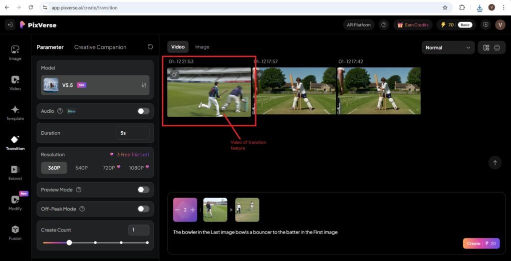 Video of transition feature