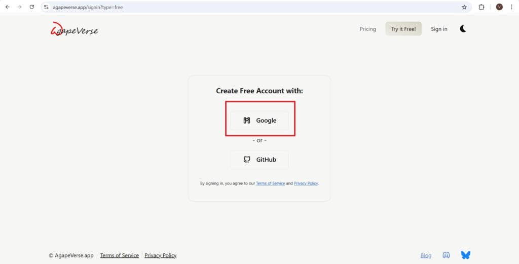 Create free account with